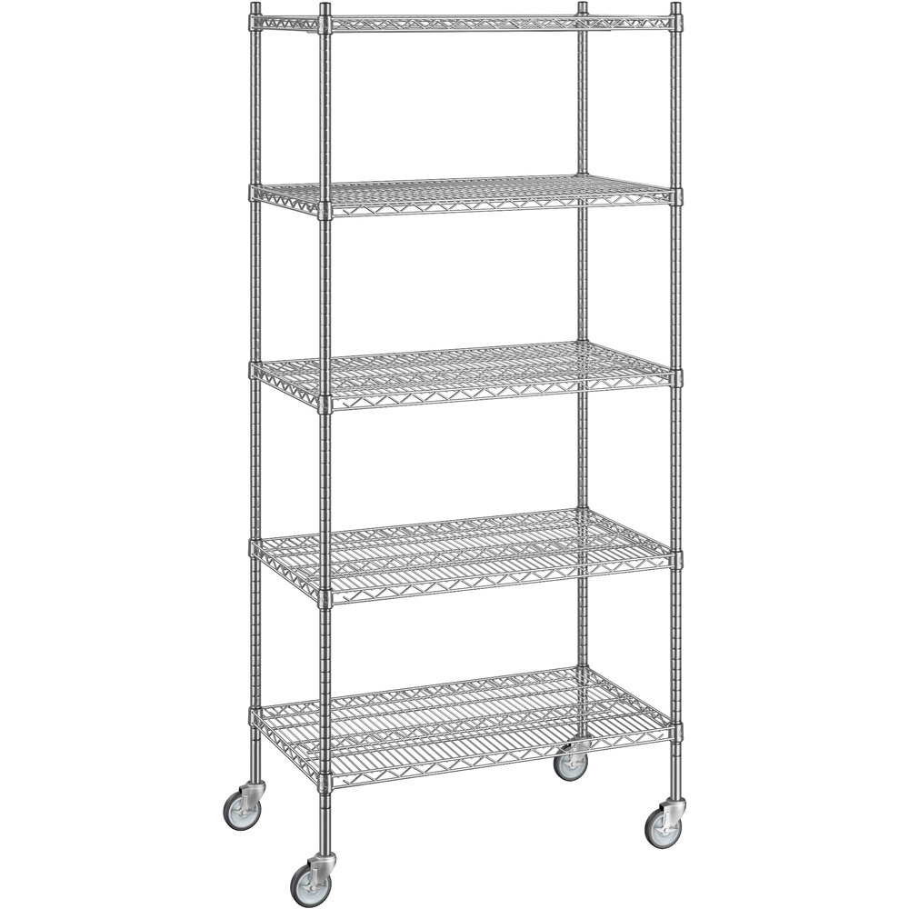 Regency 21 inch x 36 inch x 80 inch NSF Chrome Mobile Wire Shelving Starter Kit with 5 Shelves