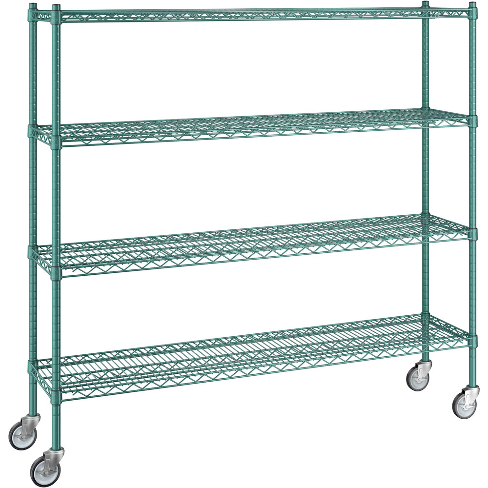 Regency 14 inch x 60 inch x 60 inch NSF Green Epoxy Mobile Wire Shelving Starter Kit with 4 Shelves