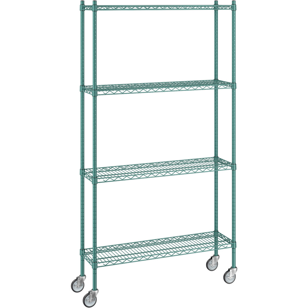 Regency 12 inch x 42 inch x 80 inch NSF Green Epoxy Mobile Wire Shelving Starter Kit with 4 Shelves