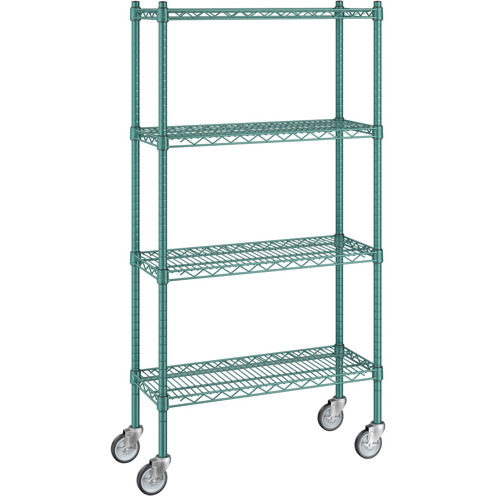 Regency 12 inch x 30 inch x 60 inch NSF Green Epoxy Mobile Wire Shelving Starter Kit with 4 Shelves