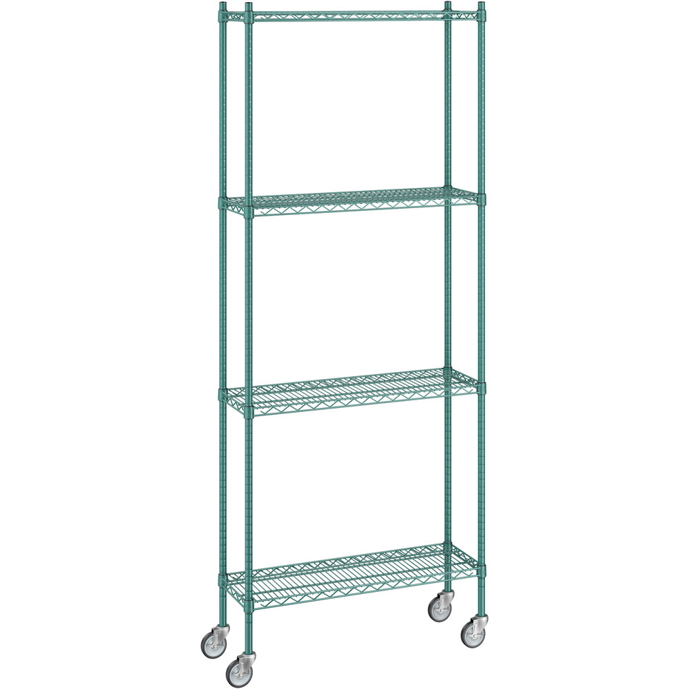 Regency 12 inch x 36 inch x 92 inch NSF Green Epoxy Mobile Wire Shelving Starter Kit with 4 Shelves