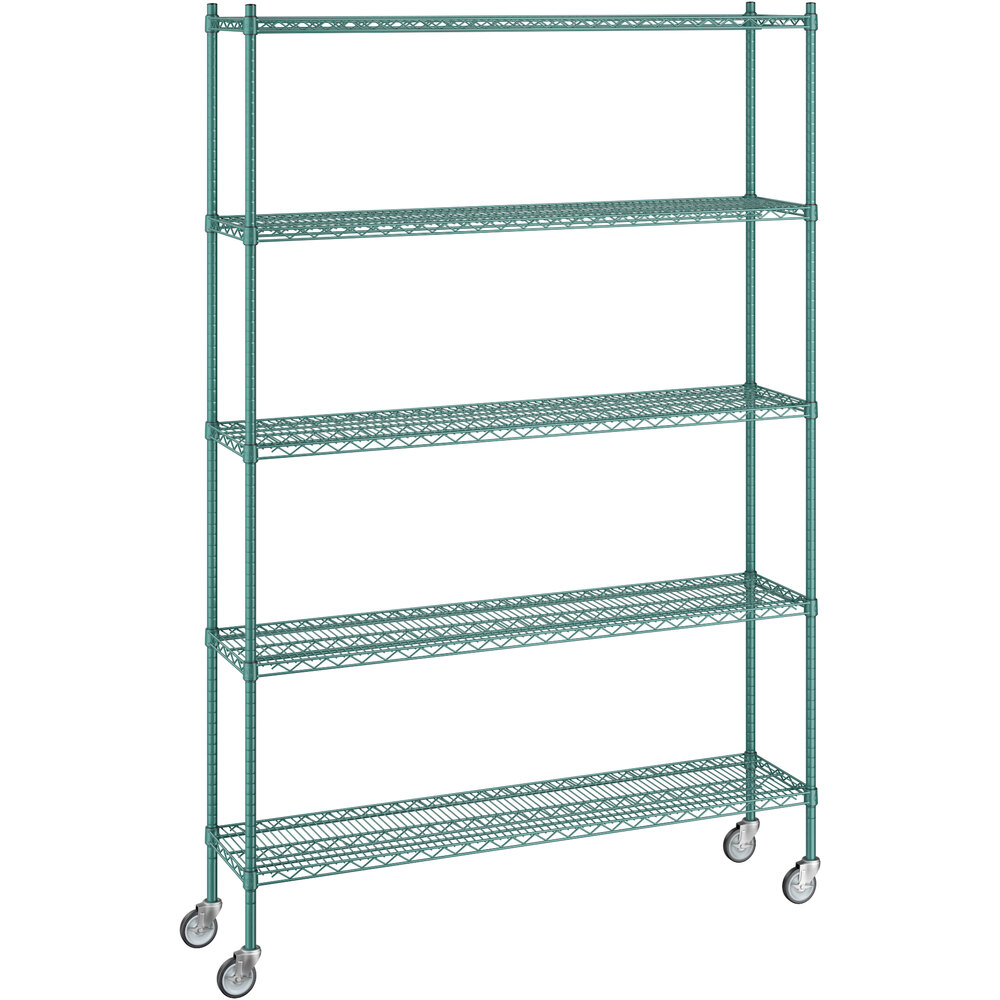 Regency 14 inch x 60 inch x 92 inch NSF Green Epoxy Mobile Wire Shelving Starter Kit with 5 Shelves