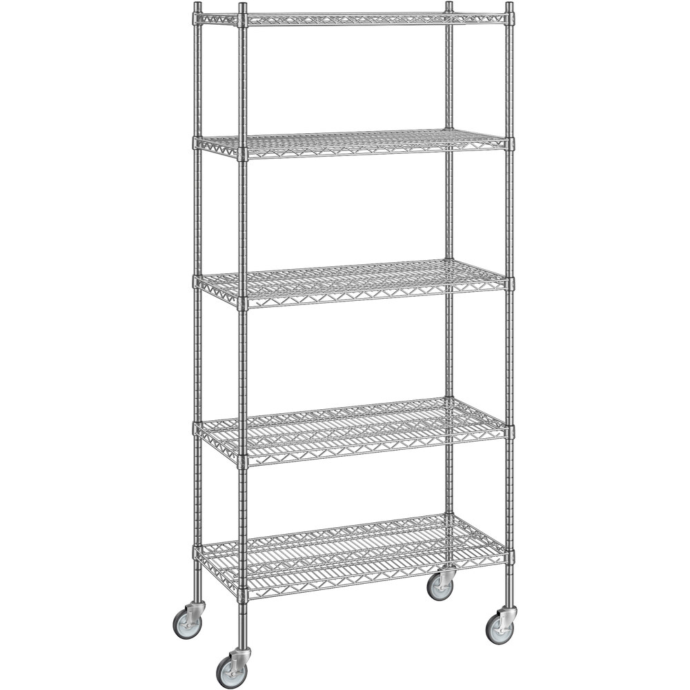 Regency 18 inch x 36 inch x 80 inch NSF Stainless Steel Wire Mobile Shelving Starter Kit with 5 Shelves