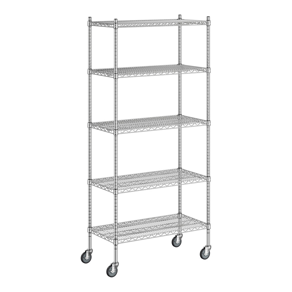 Regency 18 inch x 36 inch x 80 inch NSF Stainless Steel Wire Mobile Shelving Starter Kit with 5 Shelves