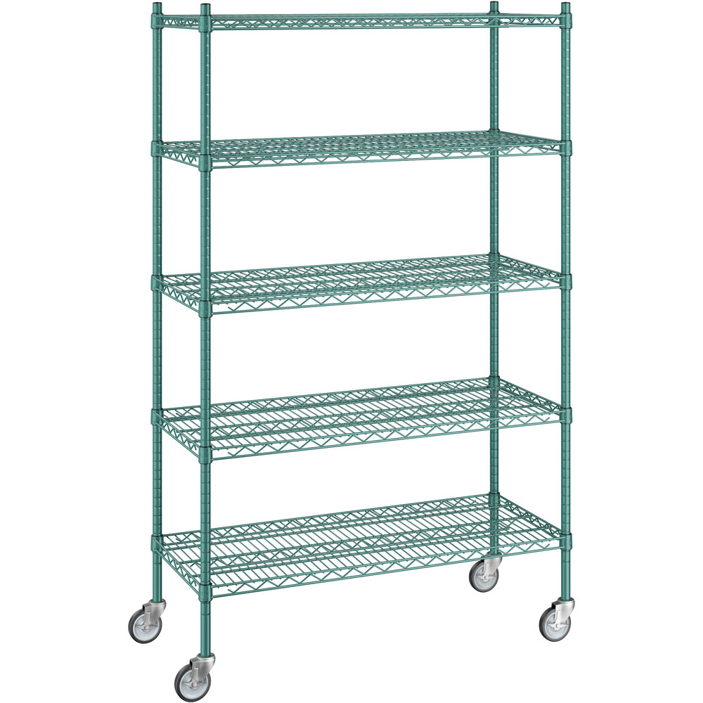 Regency 18 inch x 42 inch x 70 inch NSF Green Epoxy Mobile Wire Shelving Starter Kit with 5 Shelves