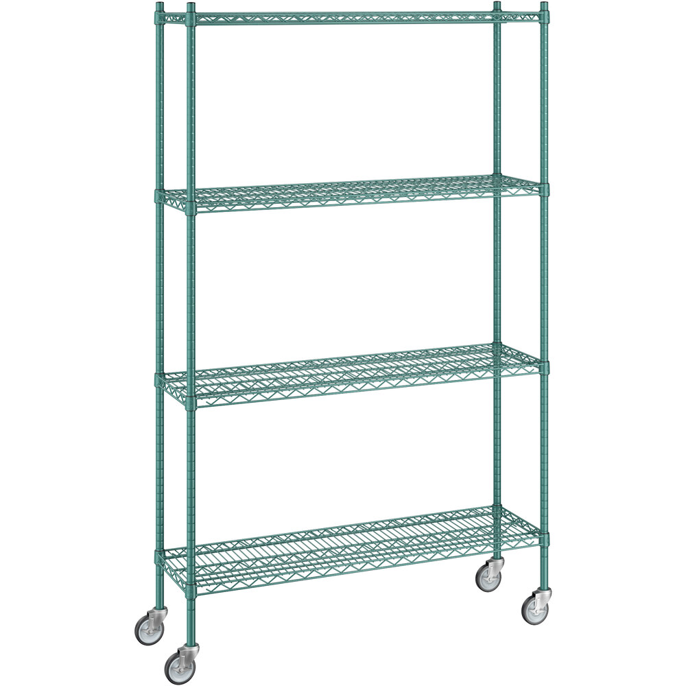 Regency 14 inch x 48 inch x 80 inch NSF Green Epoxy Mobile Wire Shelving Starter Kit with 4 Shelves