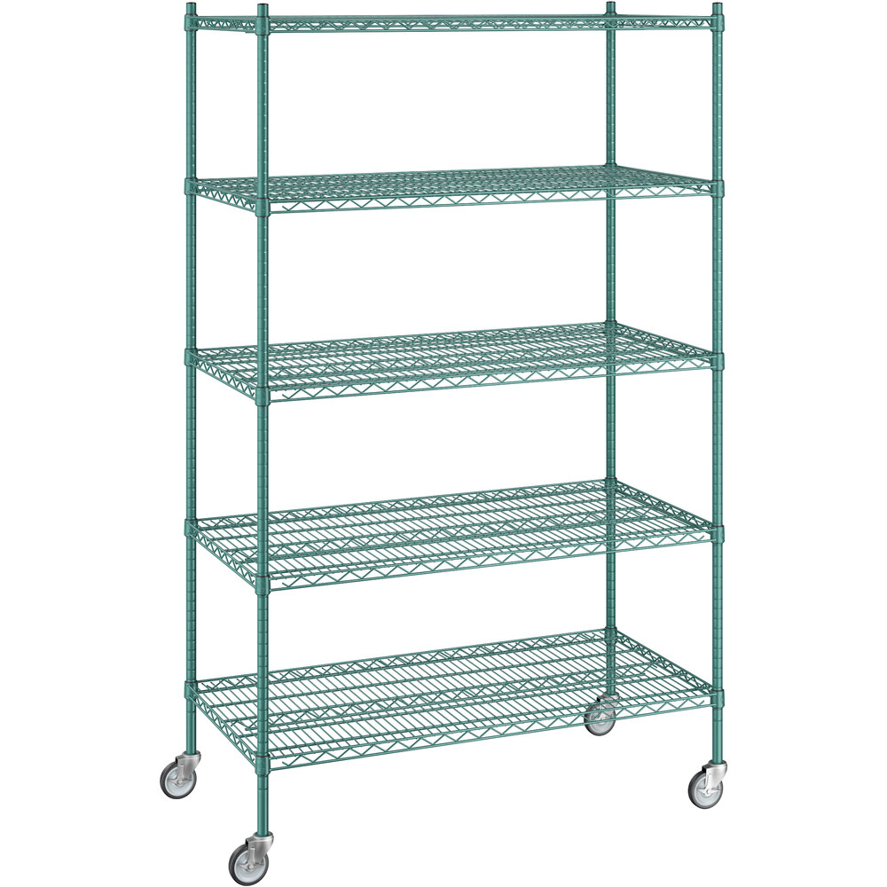 Regency 24 inch x 48 inch x 80 inch NSF Green Epoxy Mobile Wire Shelving Starter Kit with 5 Shelves