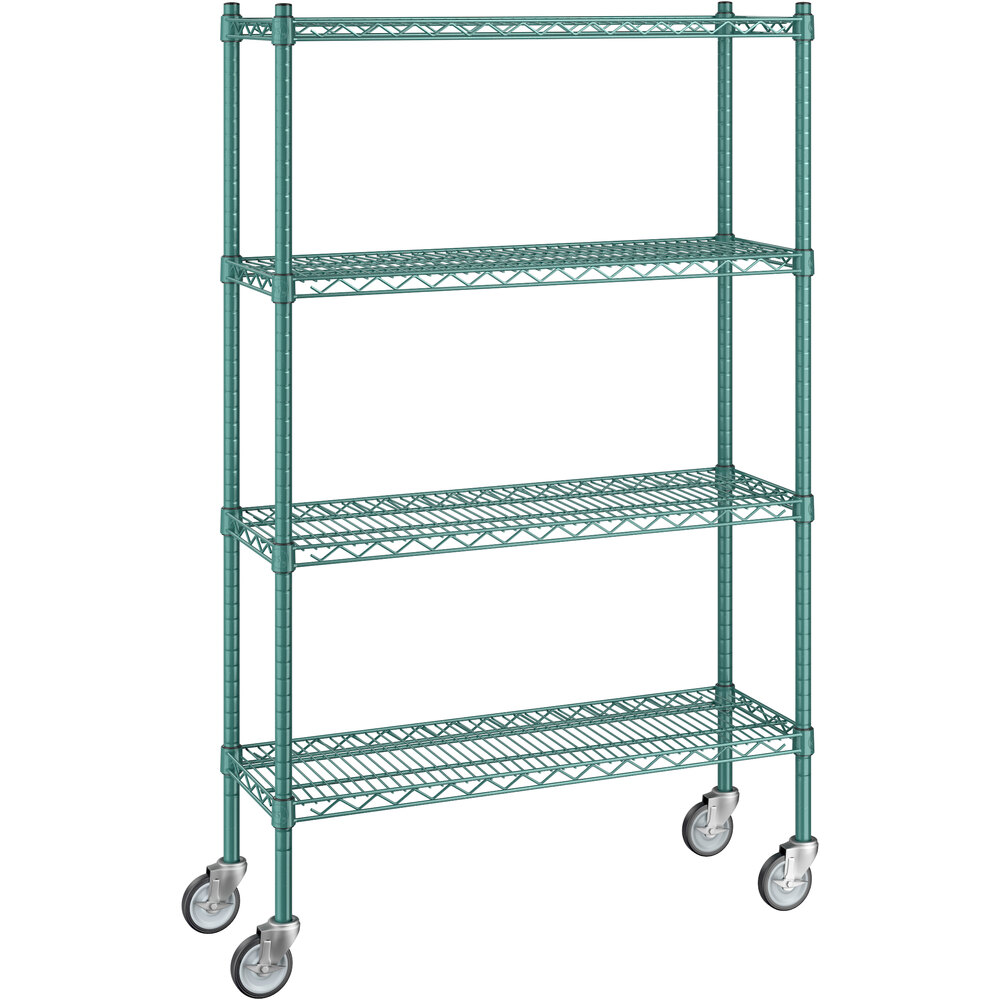 Regency 12 inch x 36 inch x 60 inch NSF Green Epoxy Mobile Wire Shelving Starter Kit with 4 Shelves