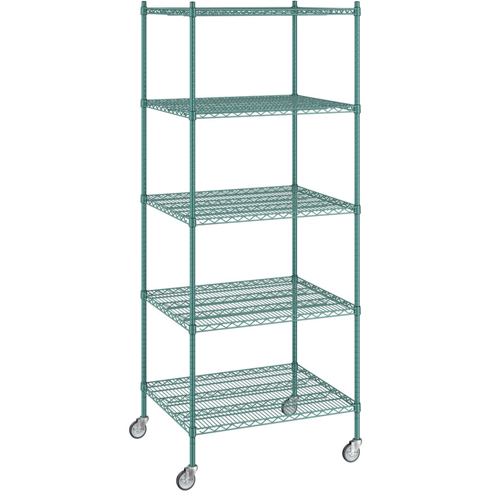 Regency 30 inch x 36 inch x 92 inch NSF Green Epoxy Mobile Wire Shelving Starter Kit with 5 Shelves