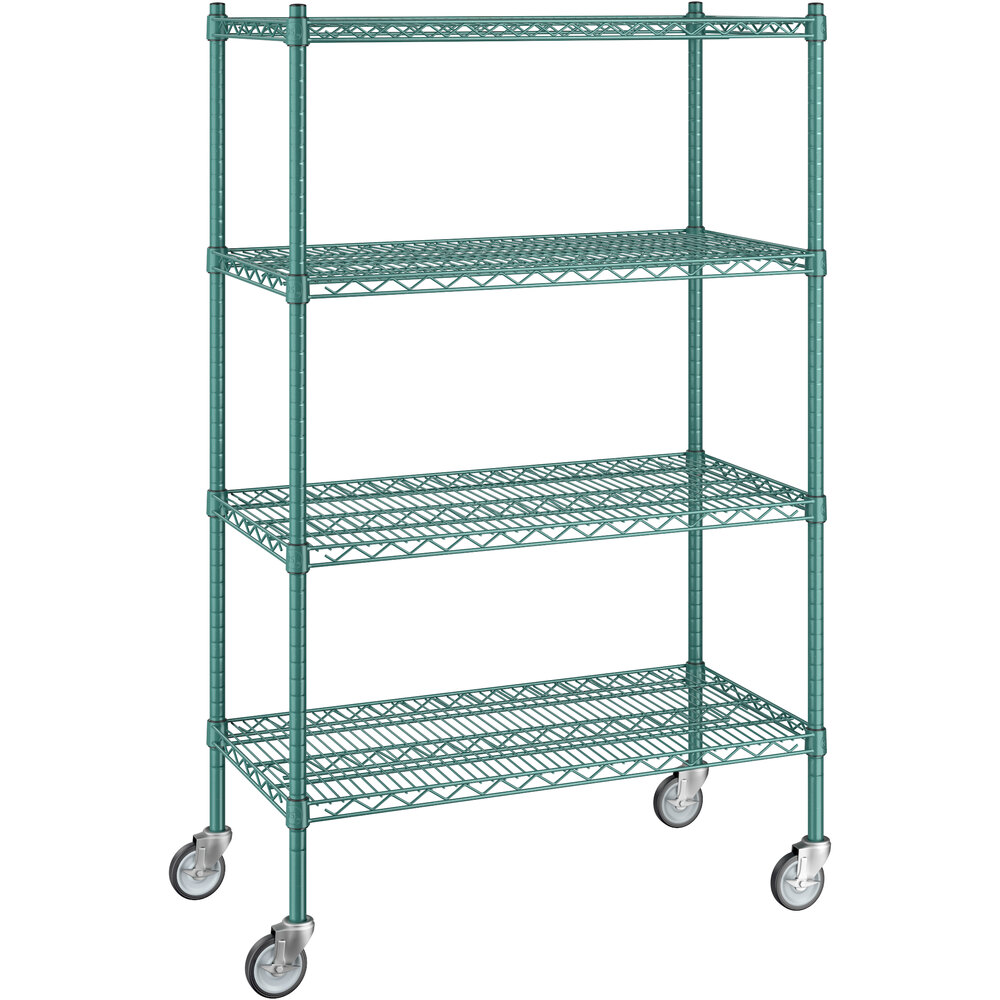 Regency 18 inch x 36 inch x 60 inch NSF Green Epoxy Mobile Wire Shelving Starter Kit with 4 Shelves