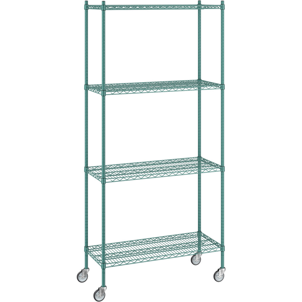 Regency 18 inch x 42 inch x 92 inch NSF Green Epoxy Mobile Wire Shelving Starter Kit with 4 Shelves