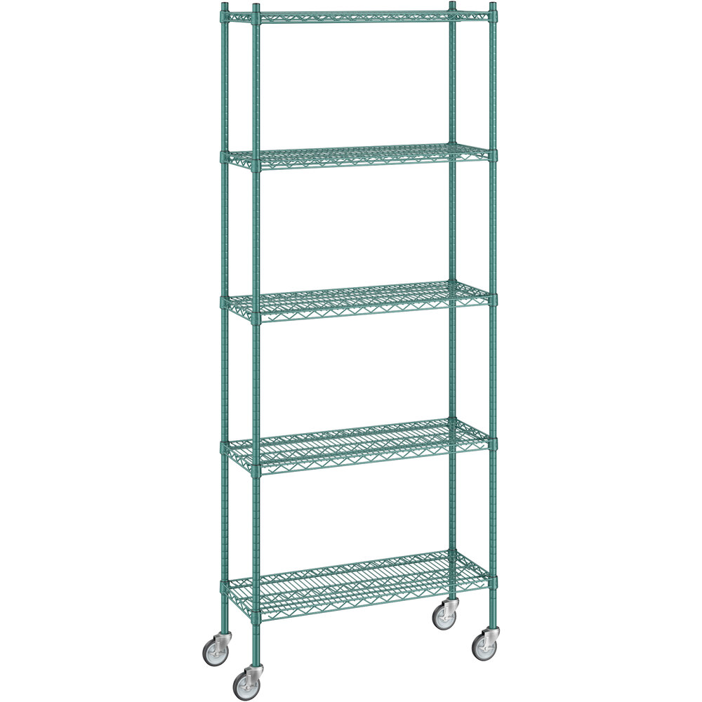 Regency 14 inch x 36 inch x 92 inch NSF Green Epoxy Mobile Wire Shelving Starter Kit with 5 Shelves