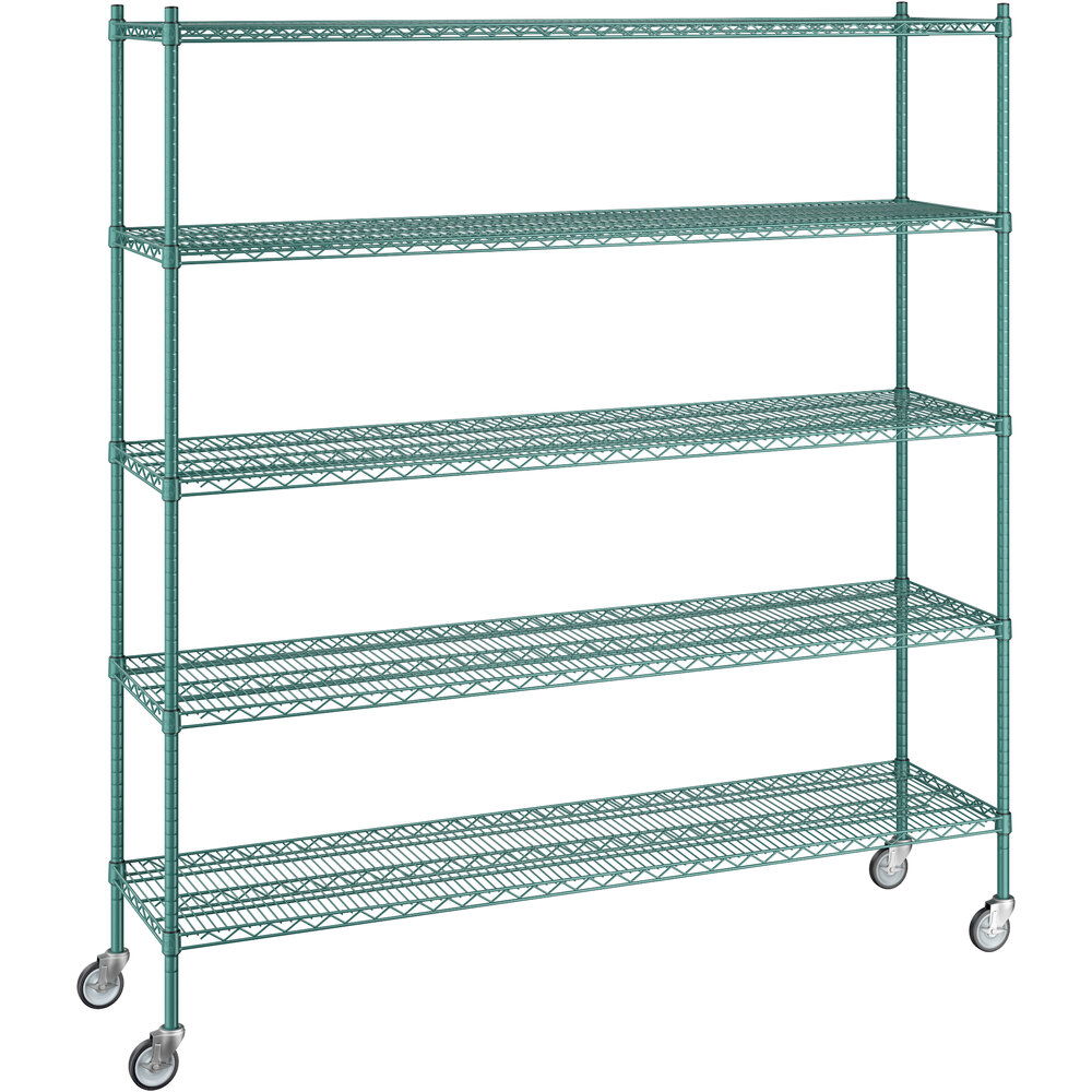 Regency 18 inch x 72 inch x 80 inch NSF Green Epoxy Mobile Wire Shelving Starter Kit with 5 Shelves