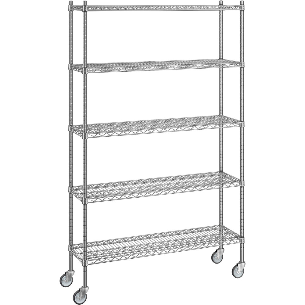 Regency 14 inch x 48 inch x 80 inch NSF Chrome Mobile Wire Shelving Starter Kit with 5 Shelves