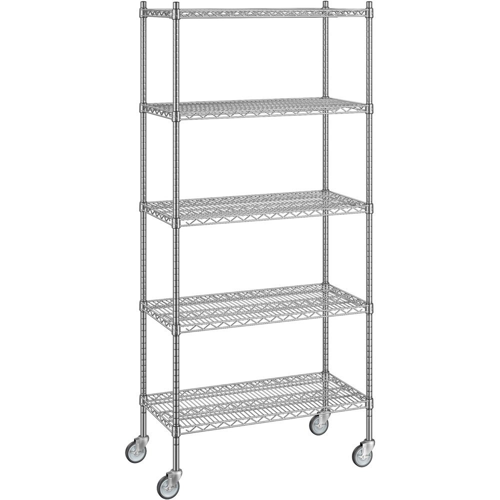 Regency 18 inch x 36 inch x 80 inch NSF Chrome Mobile Wire Shelving Starter Kit with 5 Shelves