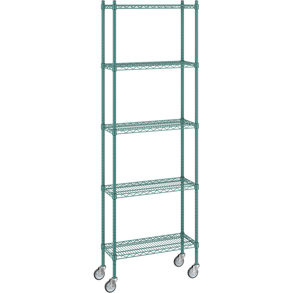 Regency 12 inch x 30 inch x 92 inch NSF Green Epoxy Mobile Wire Shelving Starter Kit with 5 Shelves