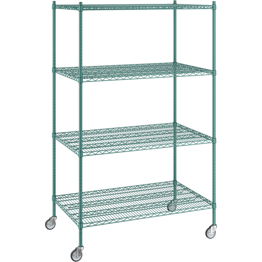 Regency 30 inch x 48 inch x 80 inch NSF Green Epoxy Mobile Wire Shelving Starter Kit with 4 Shelves