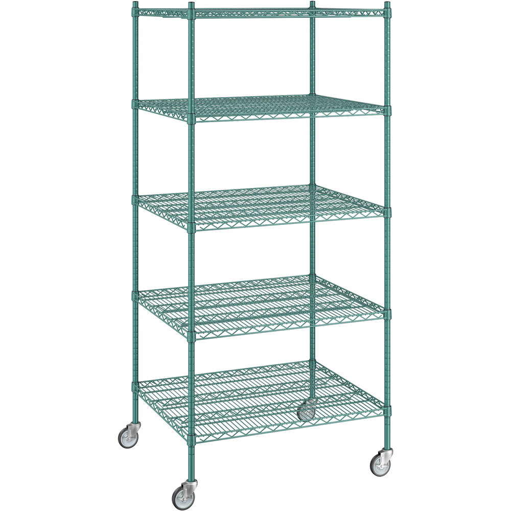 Regency 30 inch x 36 inch x 80 inch NSF Green Epoxy Mobile Wire Shelving Starter Kit with 5 Shelves