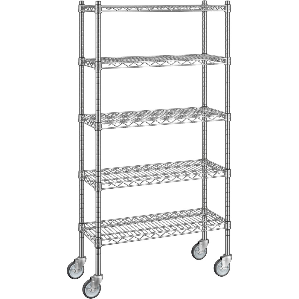 Regency 12 inch x 30 inch x 60 inch NSF Chrome Mobile Wire Shelving Starter Kit with 5 Shelves