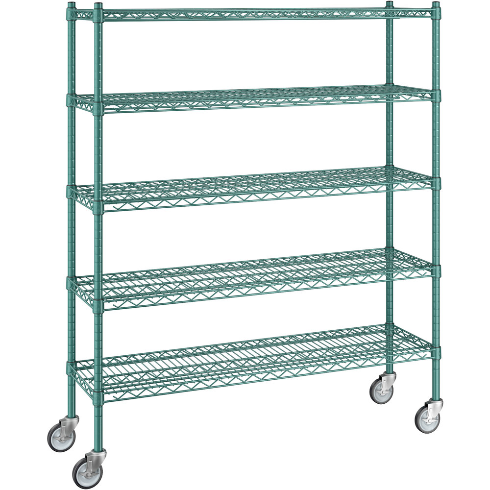 Regency 14 inch x 48 inch x 60 inch NSF Green Epoxy Mobile Wire Shelving Starter Kit with 5 Shelves