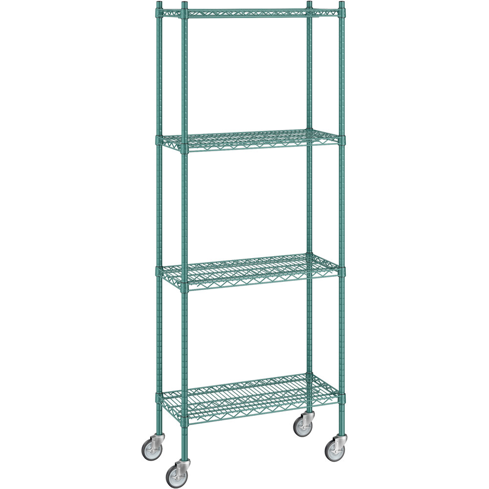 Regency 14 inch x 30 inch x 80 inch NSF Green Epoxy Mobile Wire Shelving Starter Kit with 4 Shelves