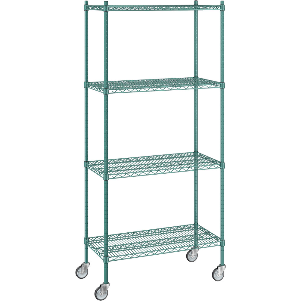 Regency 18 inch x 36 inch x 80 inch NSF Green Epoxy Mobile Wire Shelving Starter Kit with 4 Shelves