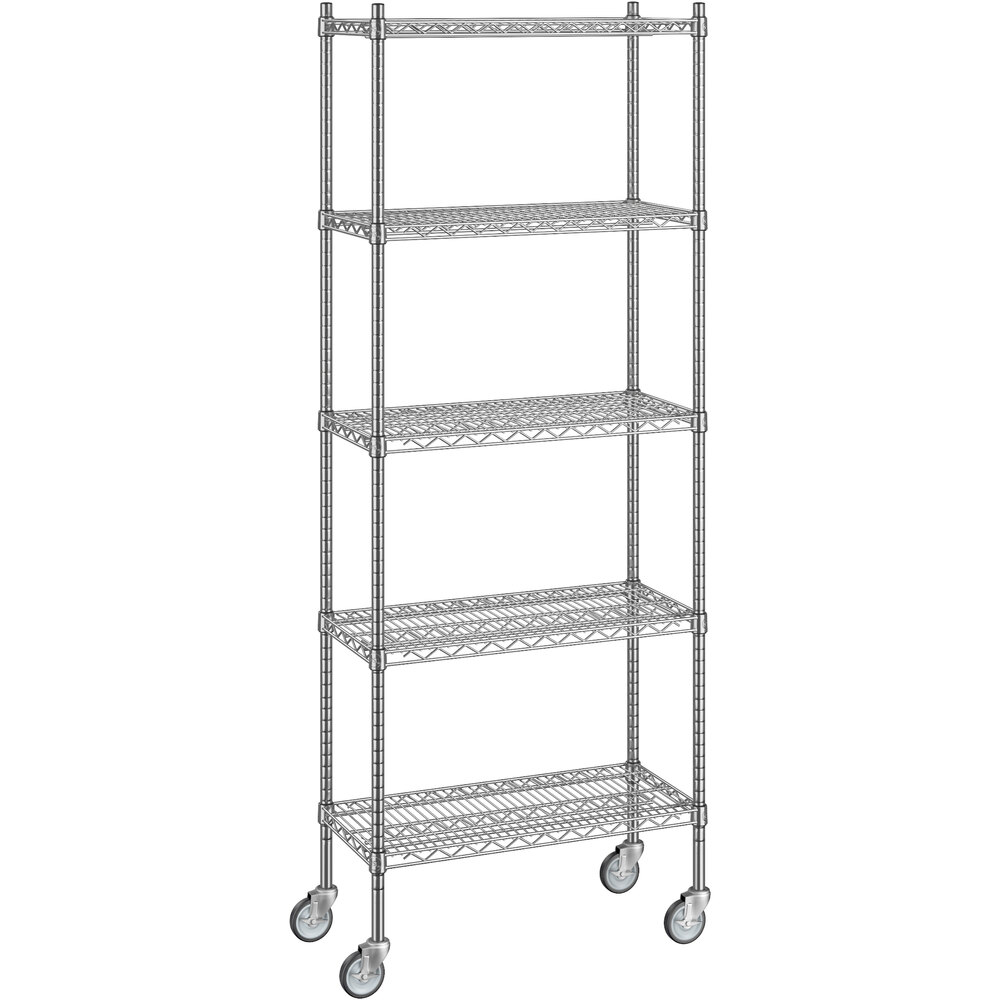 Regency 14 inch x 30 inch x 80 inch NSF Chrome Mobile Wire Shelving Starter Kit with 5 Shelves
