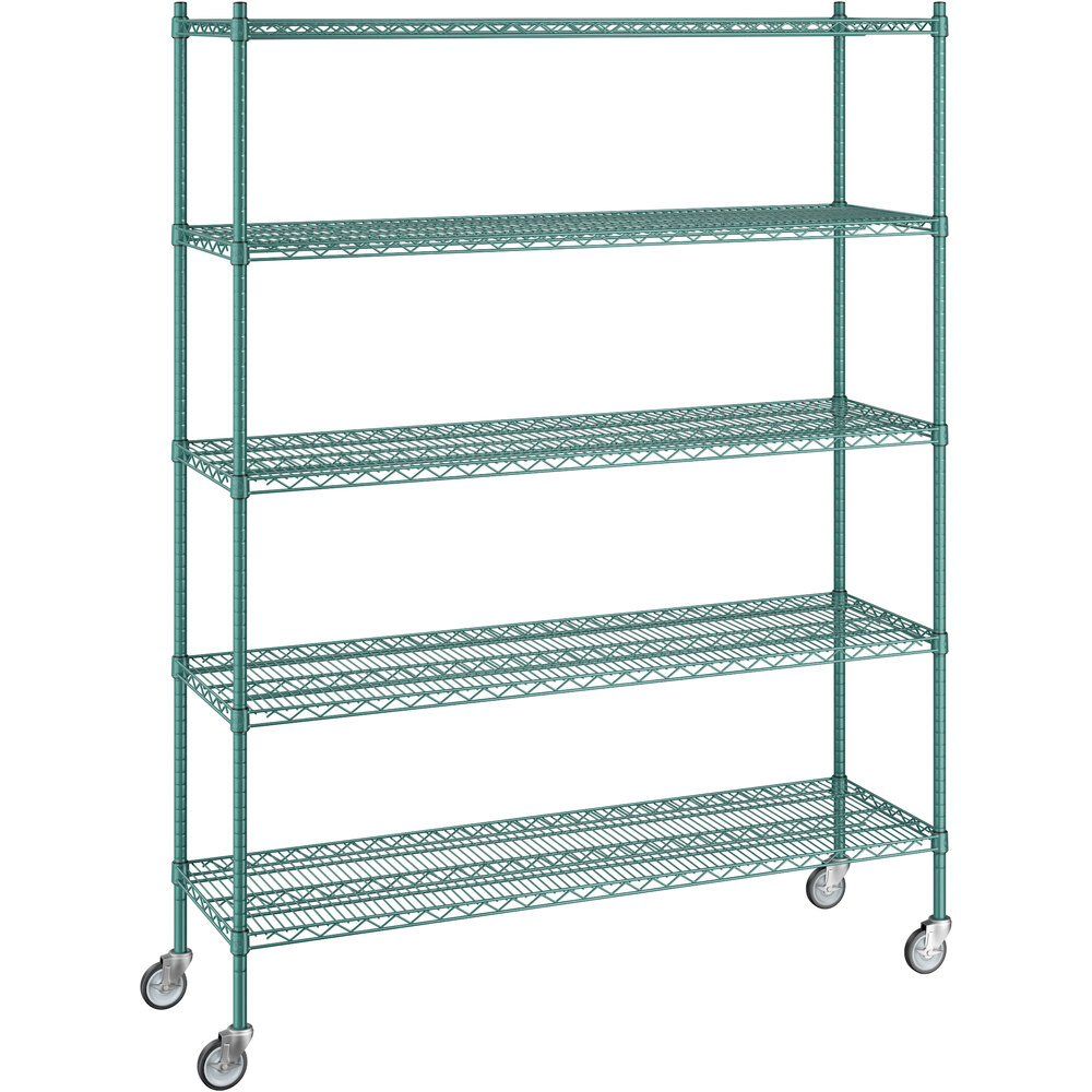 Regency 18 inch x 60 inch x 80 inch NSF Green Epoxy Mobile Wire Shelving Starter Kit with 5 Shelves