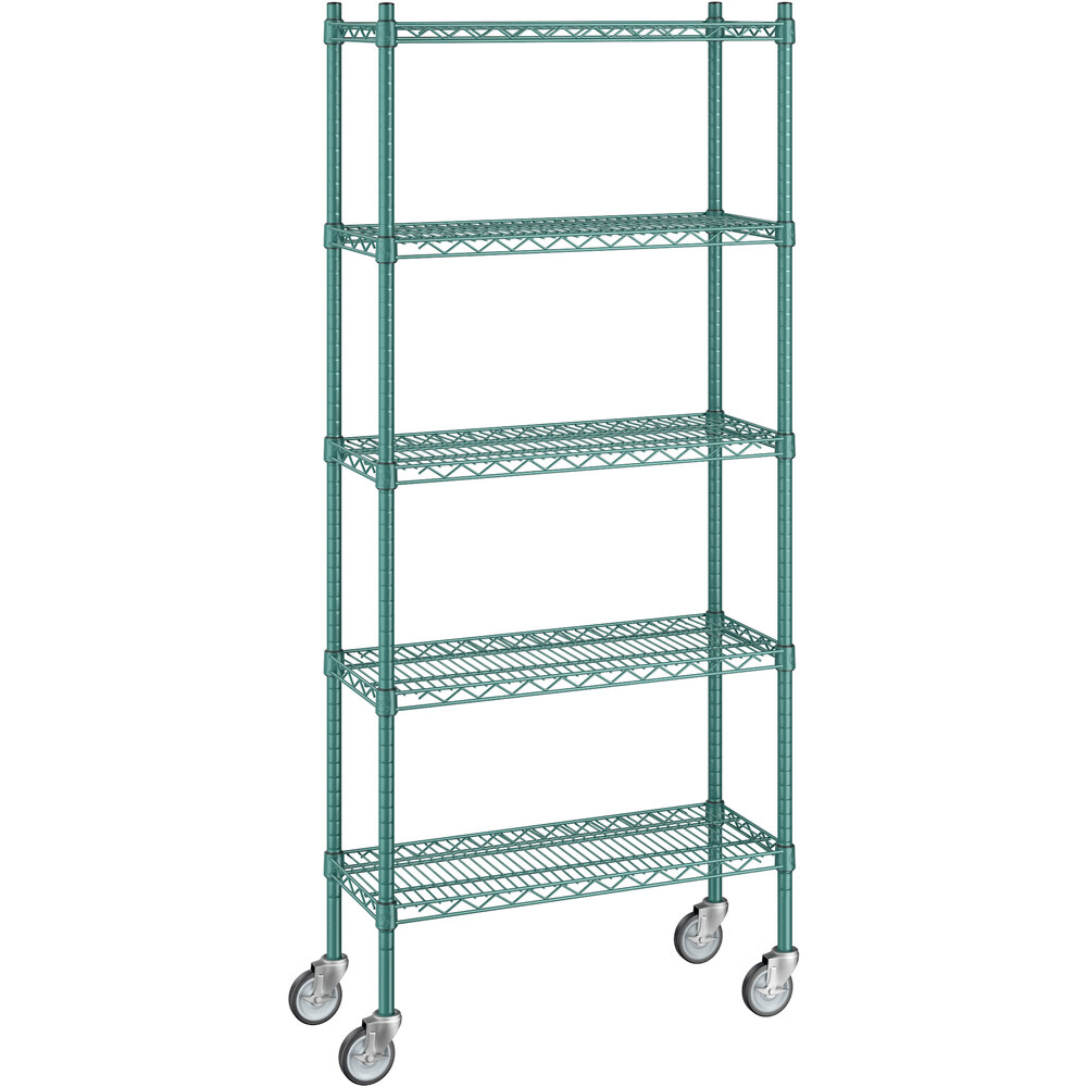 Regency 12 inch x 30 inch x 70 inch NSF Green Epoxy Mobile Wire Shelving Starter Kit with 5 Shelves