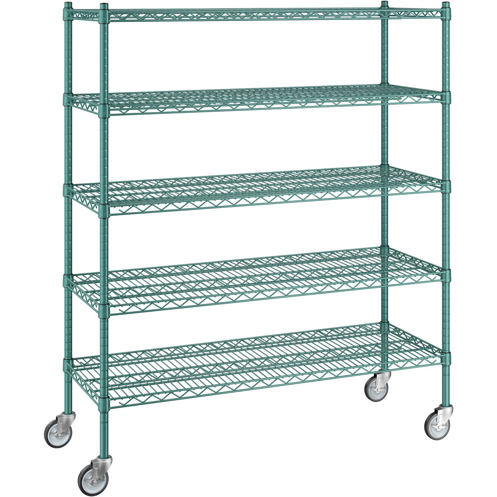 Regency 18 inch x 48 inch x 60 inch NSF Green Epoxy Mobile Wire Shelving Starter Kit with 5 Shelves