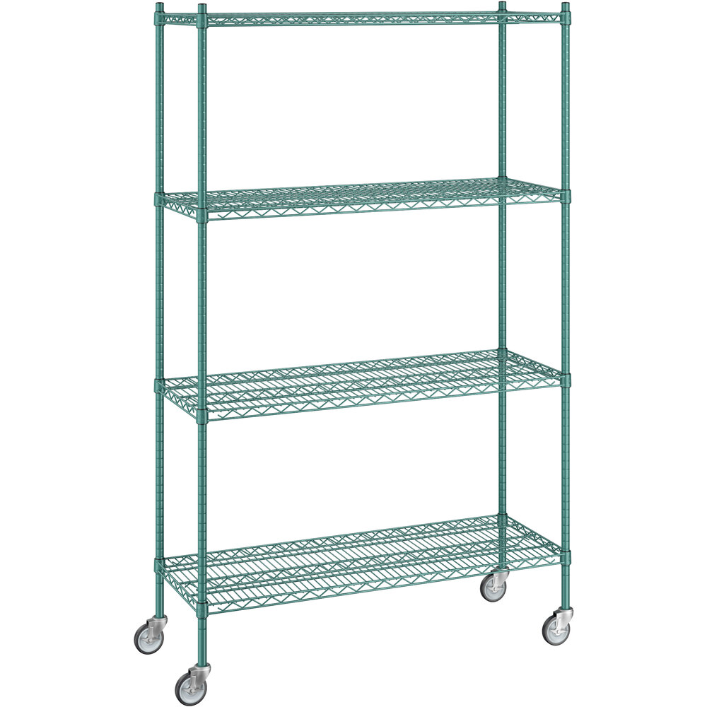 Regency 18 inch x 48 inch x 80 inch NSF Green Epoxy Mobile Wire Shelving Starter Kit with 4 Shelves