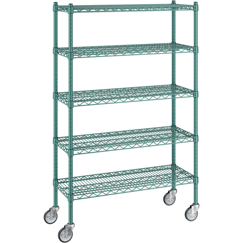 Regency 14 inch x 36 inch x 60 inch NSF Green Epoxy Mobile Wire Shelving Starter Kit with 5 Shelves