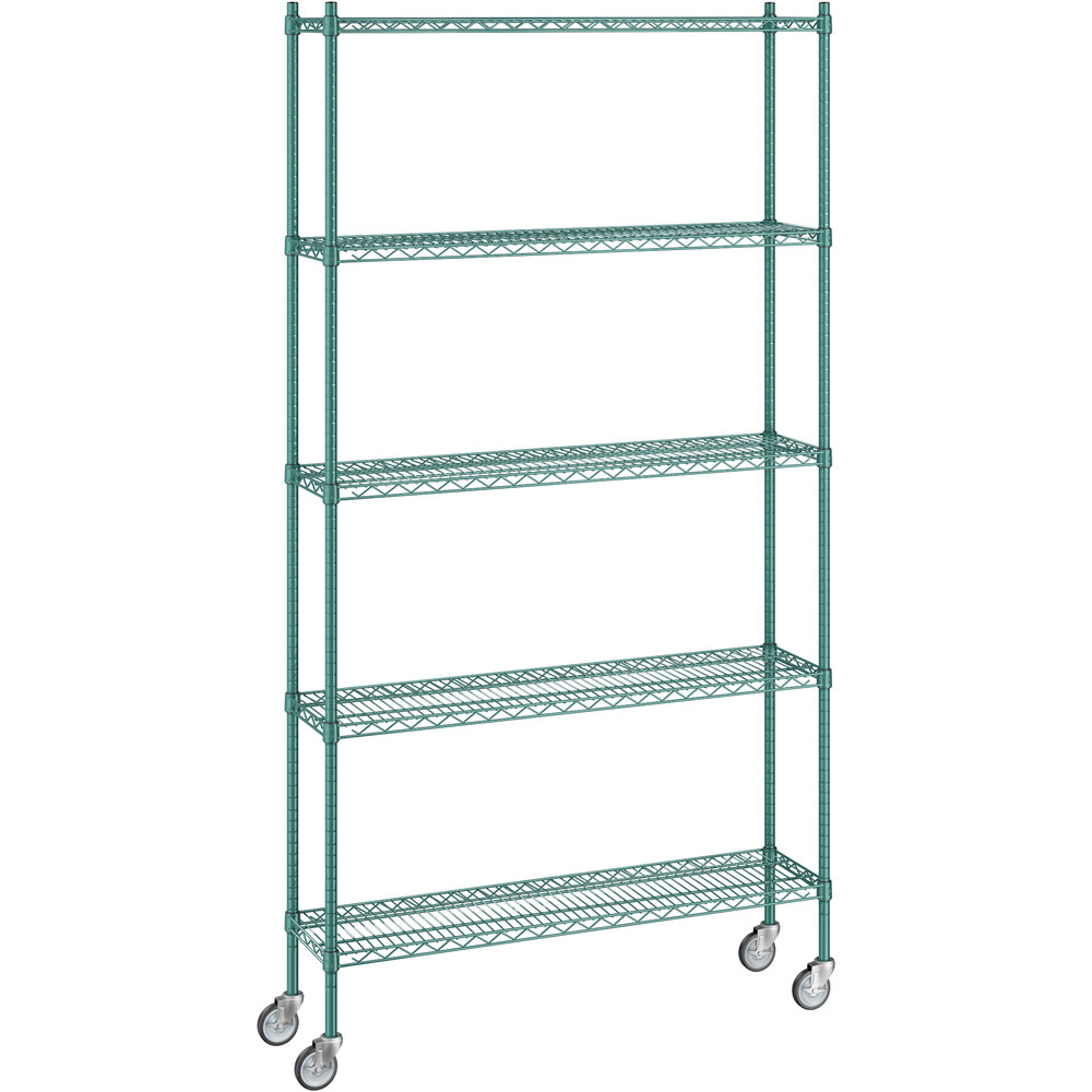 Regency 12 inch x 48 inch x 92 inch NSF Green Epoxy Mobile Wire Shelving Starter Kit with 5 Shelves