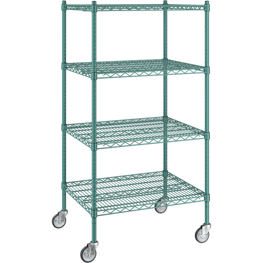 Regency 24 inch x 30 inch x 60 inch NSF Green Epoxy Mobile Wire Shelving Starter Kit with 4 Shelves