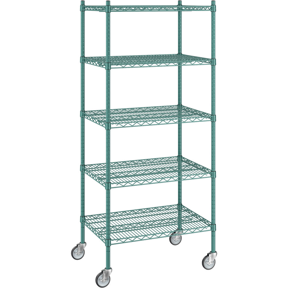 Regency 21 inch x 30 inch x 70 inch NSF Green Epoxy Mobile Wire Shelving Starter Kit with 5 Shelves