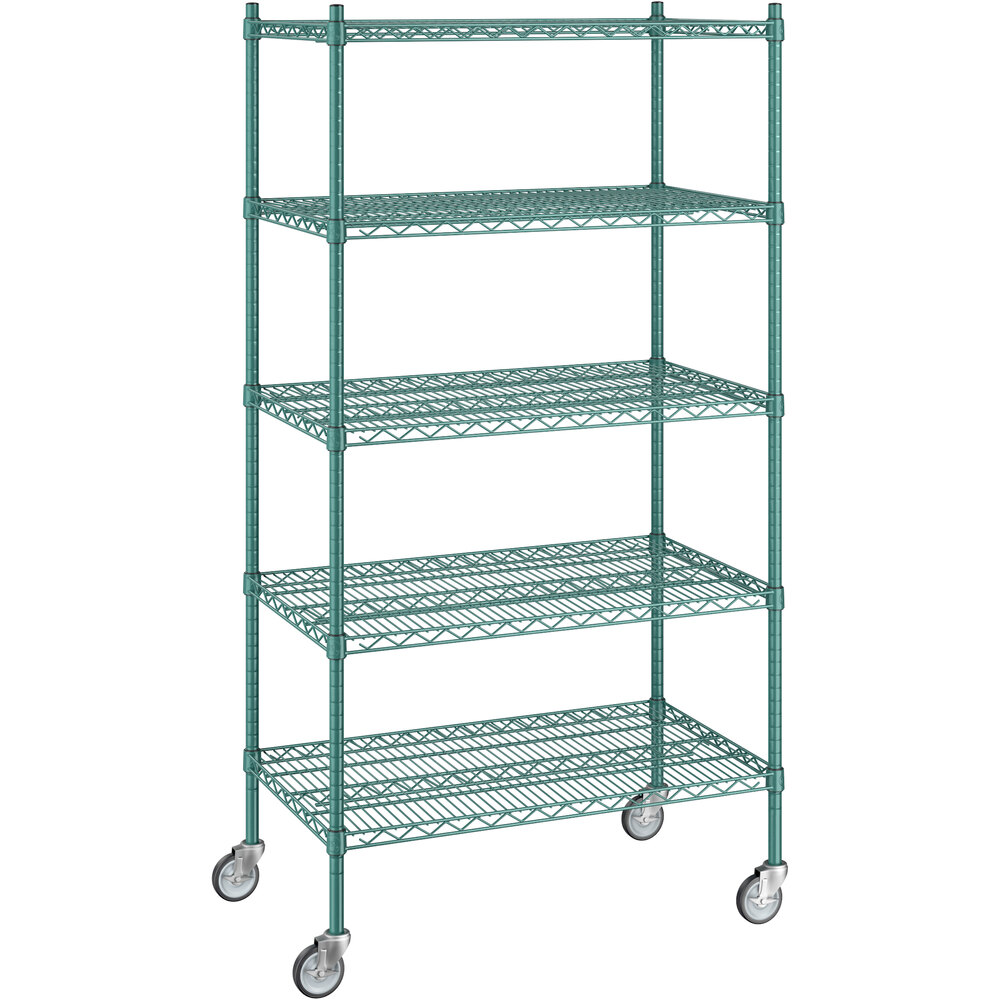 Regency 21 inch x 36 inch x 70 inch NSF Green Epoxy Mobile Wire Shelving Starter Kit with 5 Shelves