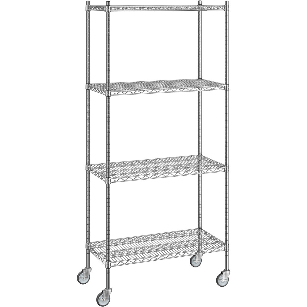 Regency 18 inch x 36 inch x 80 inch NSF Chrome Mobile Wire Shelving Starter Kit with 4 Shelves