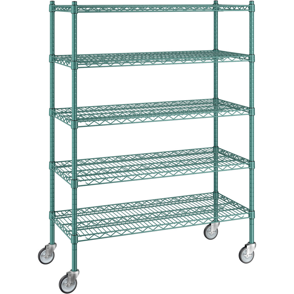 Regency 18 inch x 42 inch x 60 inch NSF Green Epoxy Mobile Wire Shelving Starter Kit with 5 Shelves