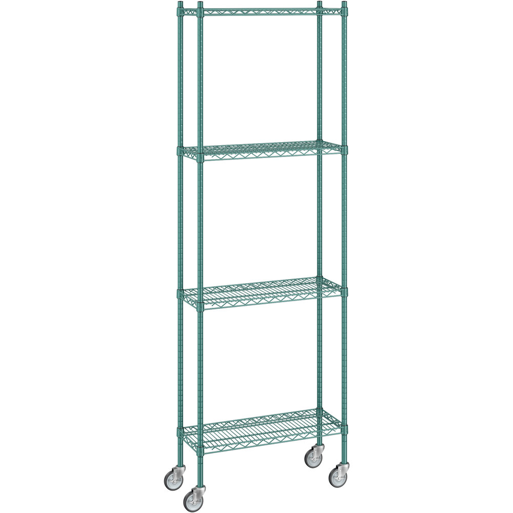 Regency 12 inch x 30 inch x 92 inch NSF Green Epoxy Mobile Wire Shelving Starter Kit with 4 Shelves