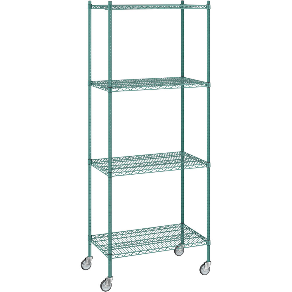 Regency 21 inch x 36 inch x 92 inch NSF Green Epoxy Mobile Wire Shelving Starter Kit with 4 Shelves