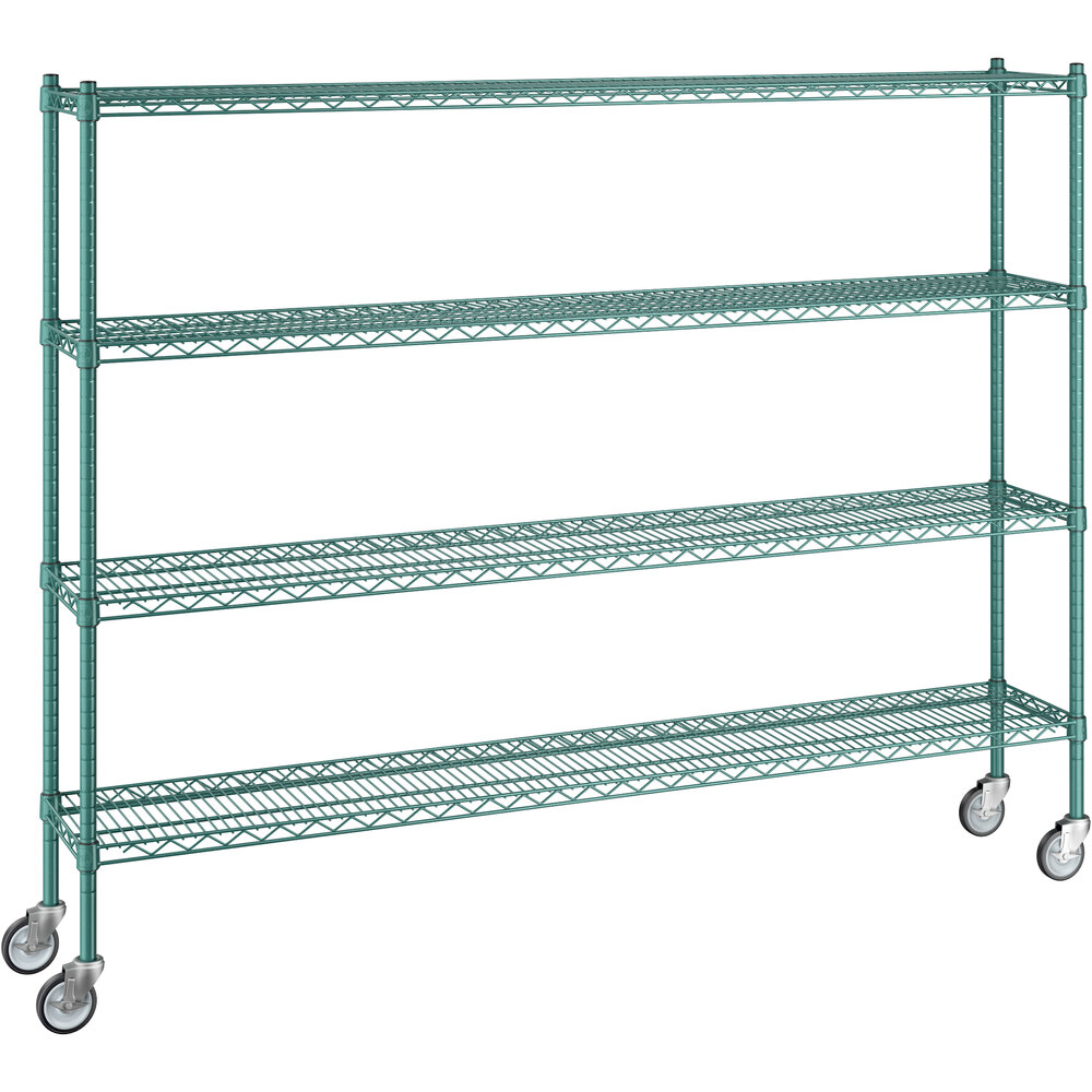 Regency 12 inch x 72 inch x 60 inch NSF Green Epoxy Mobile Wire Shelving Starter Kit with 4 Shelves