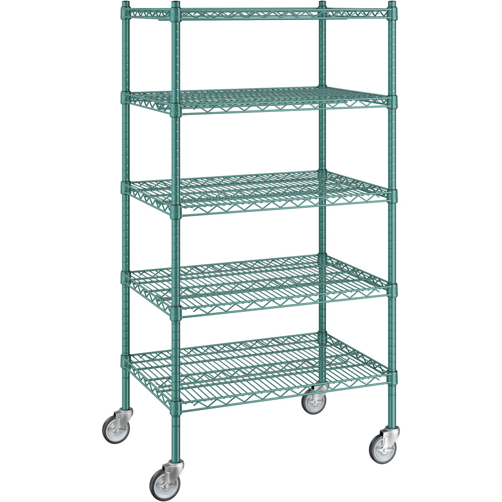 Regency 21 inch x 30 inch x 60 inch NSF Green Epoxy Mobile Wire Shelving Starter Kit with 5 Shelves