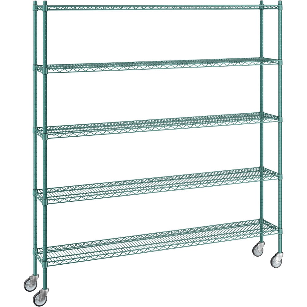 Regency 12 inch x 72 inch x 80 inch NSF Green Epoxy Mobile Wire Shelving Starter Kit with 5 Shelves