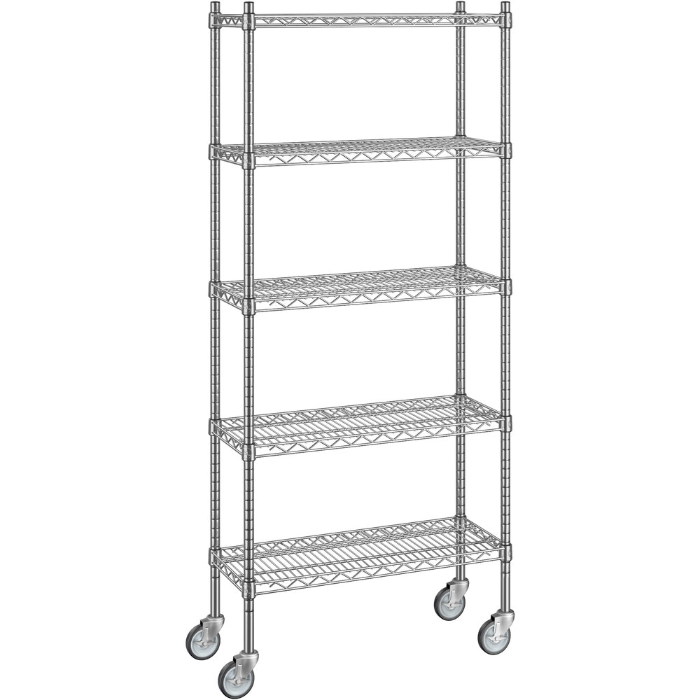 Regency 12 inch x 30 inch x 70 inch NSF Chrome Mobile Wire Shelving Starter Kit with 5 Shelves