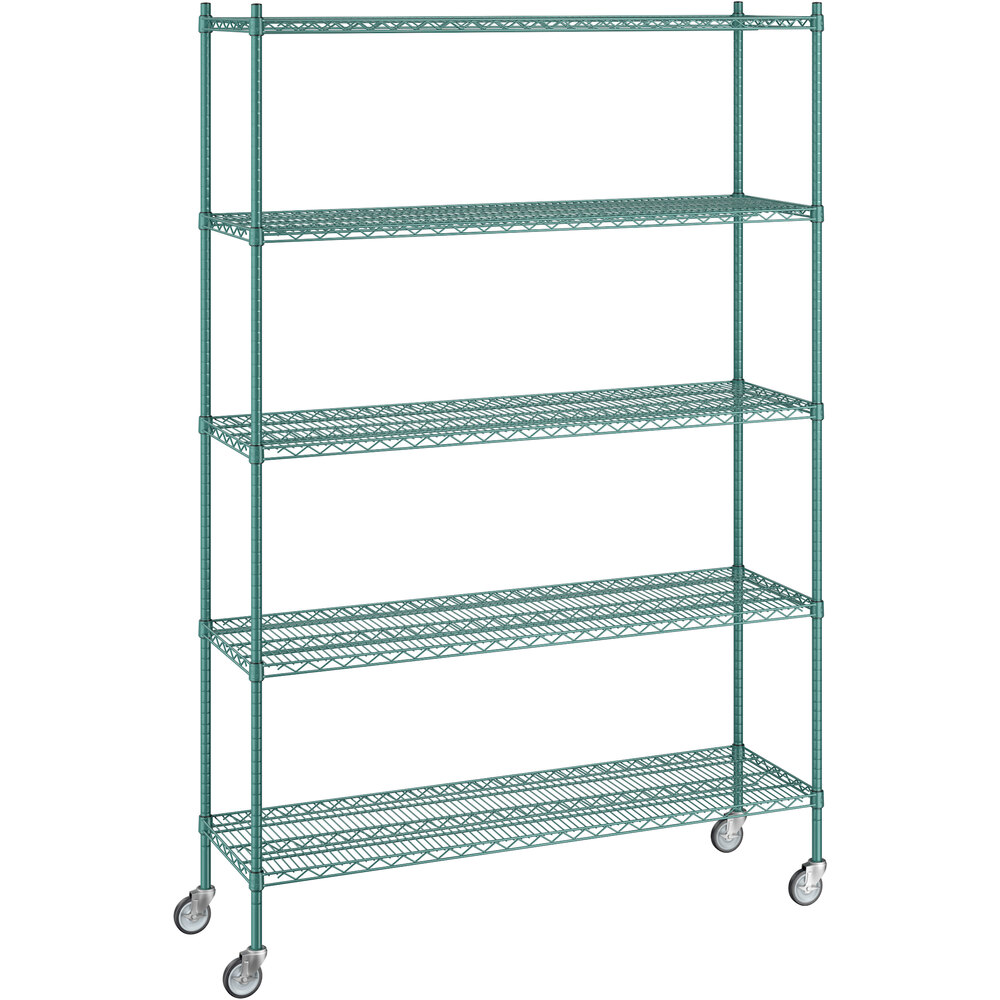 Regency 18 inch x 60 inch x 92 inch NSF Green Epoxy Mobile Wire Shelving Starter Kit with 5 Shelves