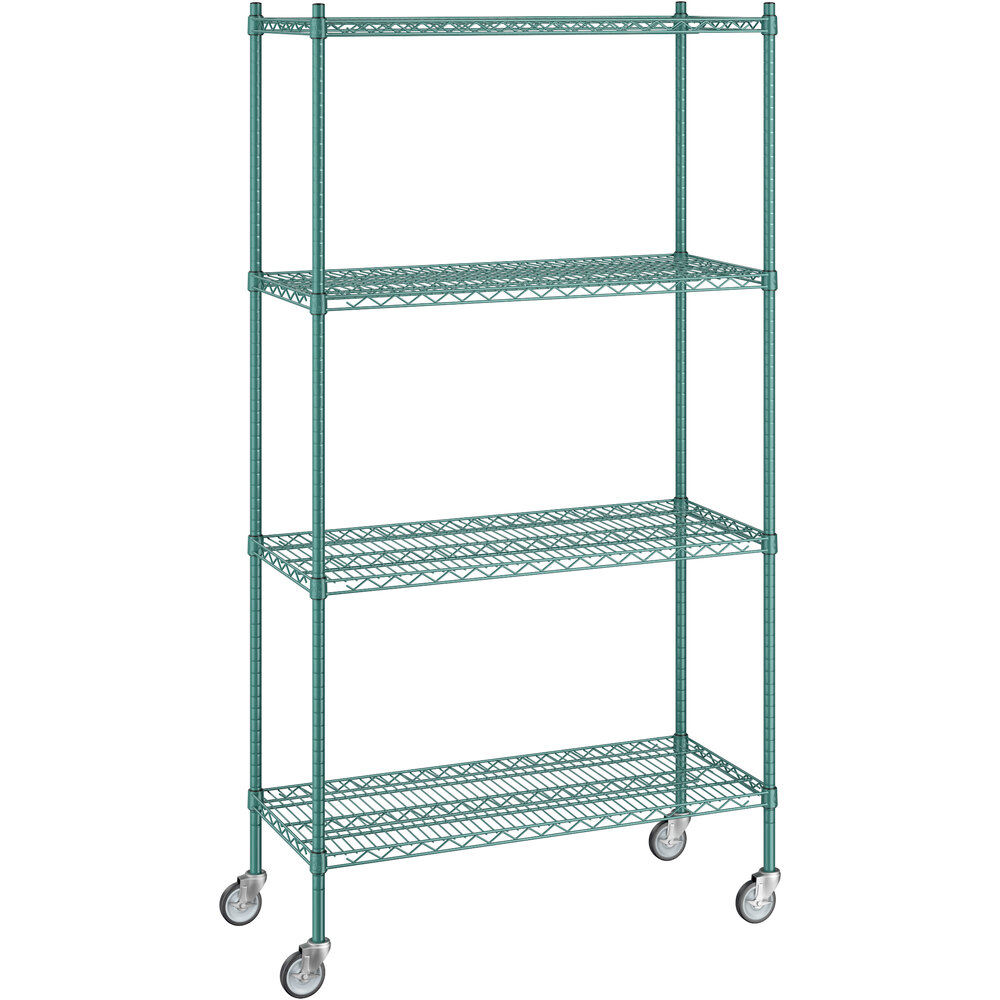 Regency 18 inch x 42 inch x 80 inch NSF Green Epoxy Mobile Wire Shelving Starter Kit with 4 Shelves