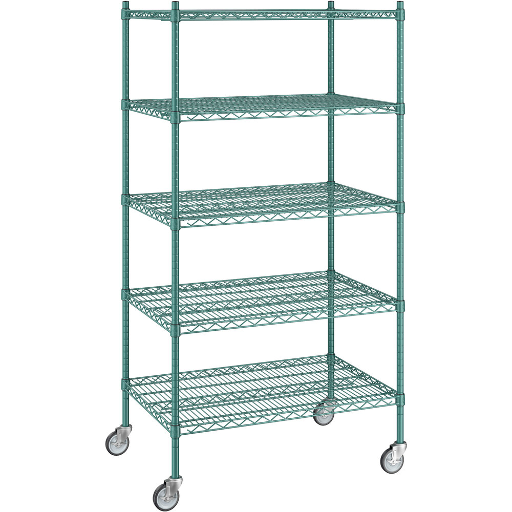 Regency 24 inch x 36 inch x 70 inch NSF Green Epoxy Mobile Wire Shelving Starter Kit with 5 Shelves