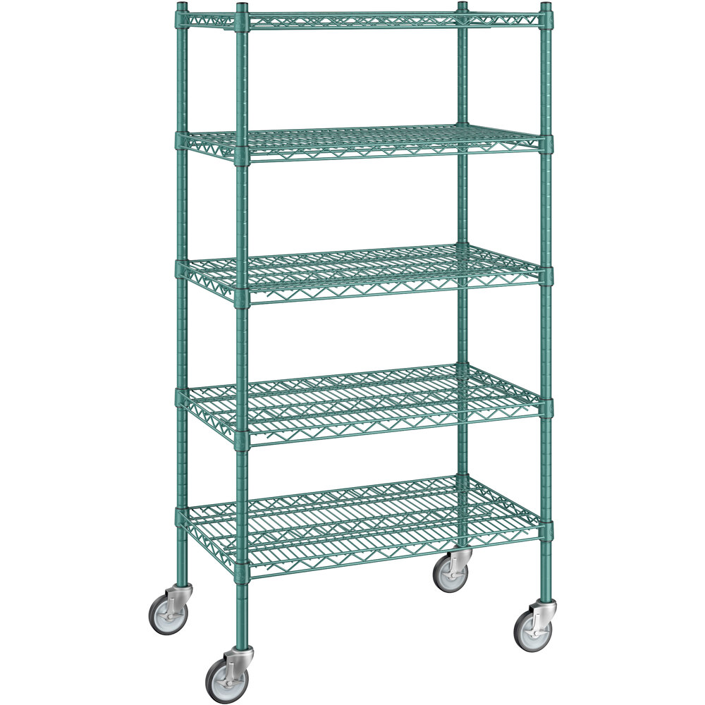 Regency 18 inch x 30 inch x 60 inch NSF Green Epoxy Mobile Wire Shelving Starter Kit with 5 Shelves
