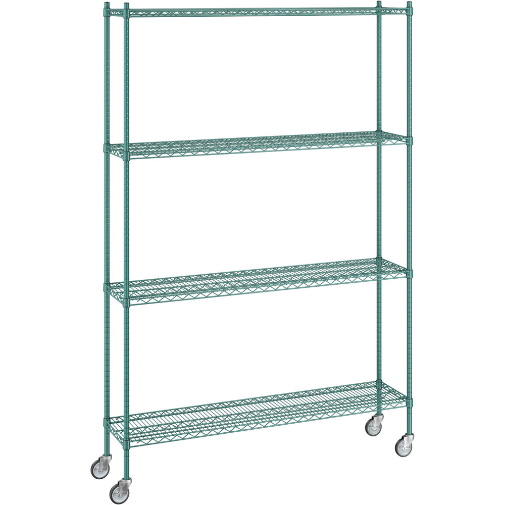 Regency 14 inch x 60 inch x 92 inch NSF Green Epoxy Mobile Wire Shelving Starter Kit with 4 Shelves
