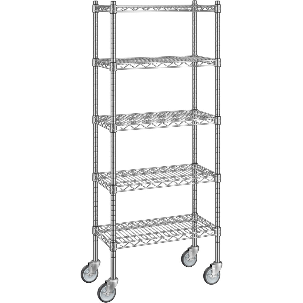Regency 12 inch x 24 inch x 60 inch NSF Chrome Mobile Wire Shelving Starter Kit with 5 Shelves